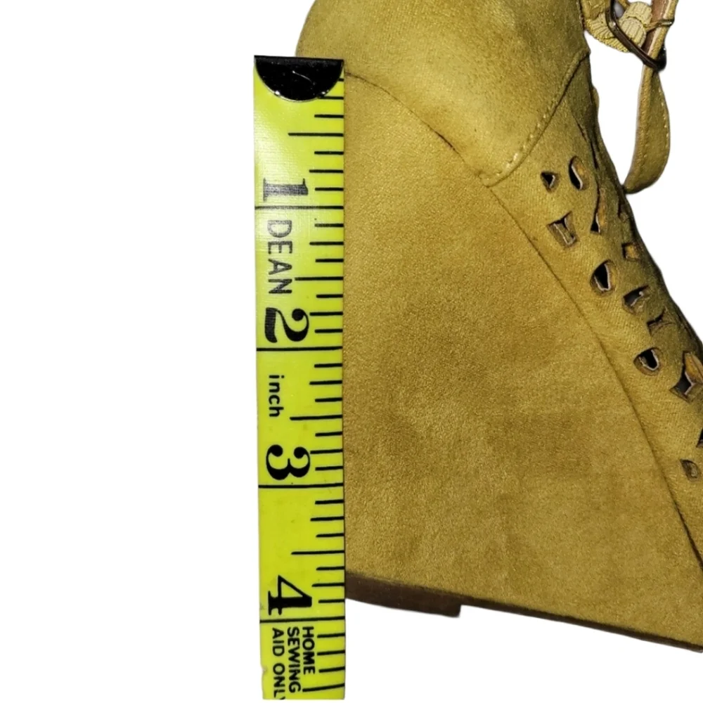 Mix No 6 Yellow Suede Laser-Cutout 4 Inch Wedge Heels Size 8 1/2